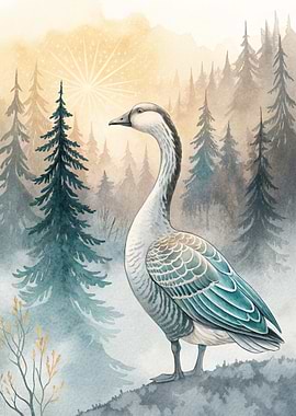 Goose in a Misty Forest