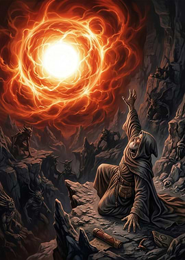 Wizard summoning a fiery portal with demons