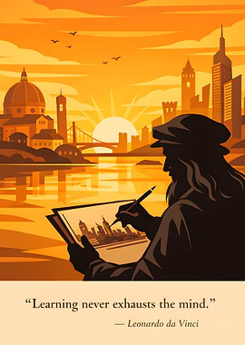 Leonardo da Vinci sketching a cityscape