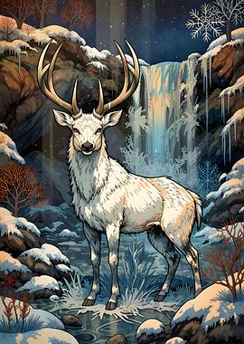 Majestic White Stag in Winter Wonderland