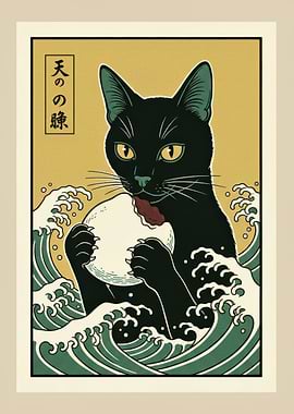 Black Cat in Japanese Wave Art