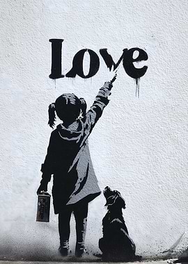 Girl painting 'Love' with a dog