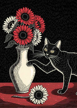 Black Cat and Sunflowers
