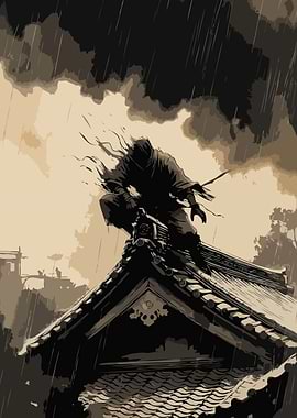 Ninja on a rooftop in the rain Art