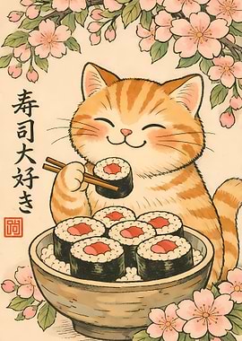 Cute Cat Eating Sushi