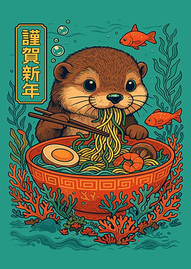 Cute Otter Ramen Poster, Whimsical Japanese Noodle Art, Underwater Animal Print