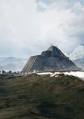 Futuristic Pyramid Building in Snowy Landscape