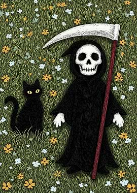 Grim Reaper and Black Cat in a Field