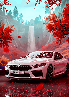 White BMW M8 Coupe in Autumn Landscape