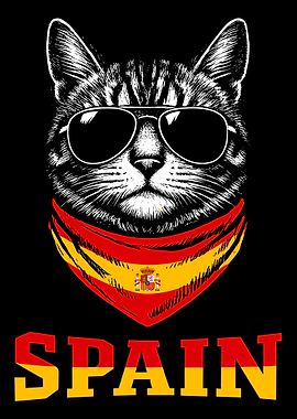 Spain Cat Poster, Spanish Flag Cat Wall Art, Funny Aviator Sunglasses Print
