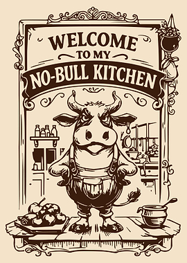 No Bull Kitchen Poster, Funny Bull Chef Vintage Wall Art, Rustic Farmhouse Decor