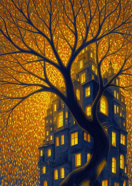 Enchanted Tree Building with Autumn Leaves