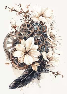Steampunk Floral Arrangement with Gears and Feather
