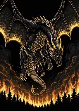 Black and Gold Dragon Over Fire