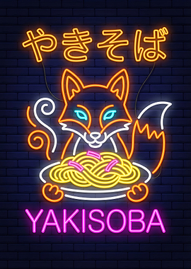 Neon Fox Eating Yakisoba
