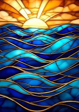 Stained Glass Sunrise Over Ocean Waves
