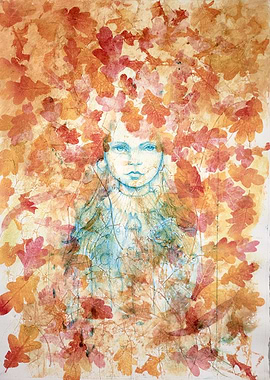Girl surrounded by autumn leaves