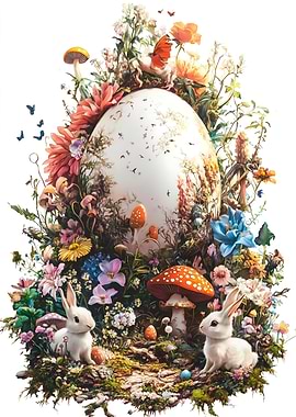 Easter Egg Surrounded by Spring Flora and Fauna