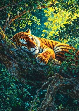 Sleeping Tiger Jungle Tree Painting