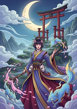 Mystical Japanese Shrine with Kitsune Spirits