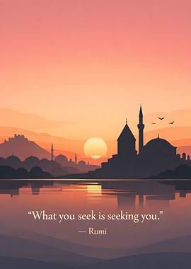 Rumi quote over a sunset cityscape