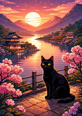 Black Cat by Cherry Blossoms at Sunset