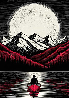 Man in Boat Under Full Moon