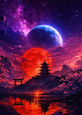 Fantasy Japanese Landscape with Double Moons