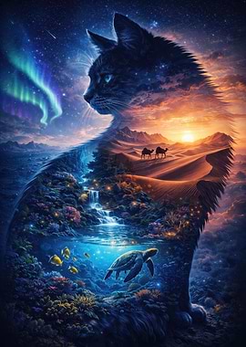 Surreal Cat Landscape Fusion
