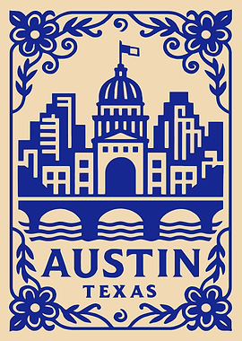 Austin Texas Skyline with Floral Border