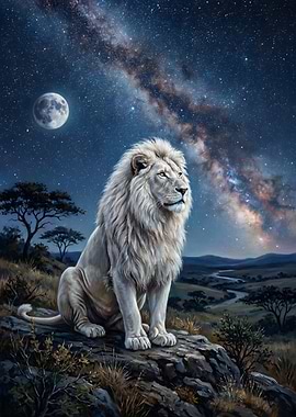 Majestic White Lion Under the Milky Way