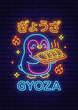 Cute Penguin with Gyoza Neon Sign