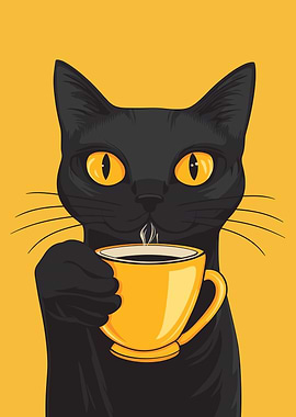 Black Cat Drinking Coffee Illustration