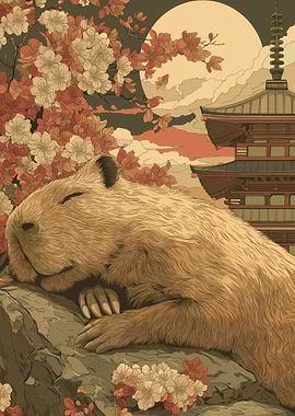 Capybara Sleeping Under Cherry Blossoms Japan