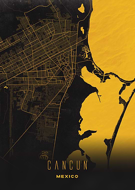 Cancun, Mexico - Golden City Streets Map, Wall Art Print