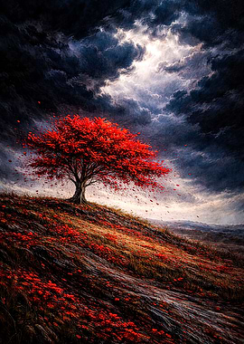 Red Tree Under Stormy Sky