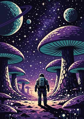 Astronaut in a psychedelic mushroom alien landscape