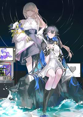 Anime Girls with Flowers and Retro Tech