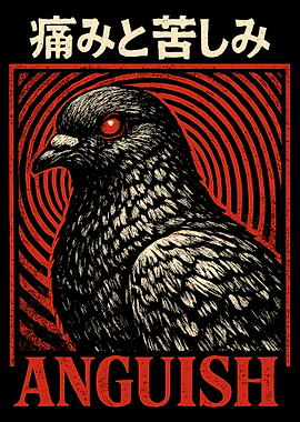Anguish Pigeon Poster, Dark Japanese Style Bird Art, Red Eye Gothic Wall Print