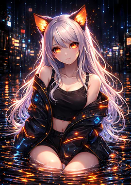 Anime Girl in Neon City Water