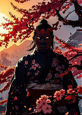 Samurai Warrior with Oni Mask and Cherry Blossoms
