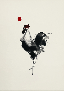 Ink Rooster with Red Sun