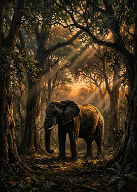 Elephant in a Sunlit Forest