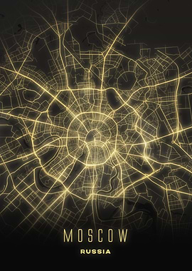 Moscow, Russia - Illuminated City Streets Map, Wall Art Print