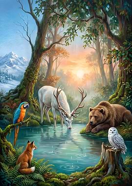 Enchanted Forest Animals by a Lake