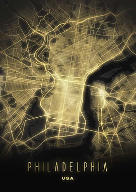 Philadelphia, Pennsylvania - Golden City Streets Map, USA Wall Art