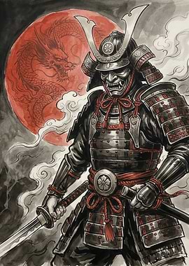 Samurai Warrior with Dragon Moon