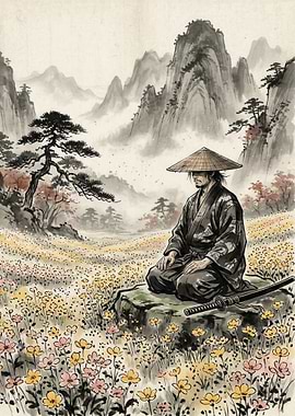 Samurai Meditating in a Field of Flowers