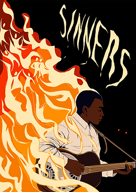 Man playing guitar in flames
