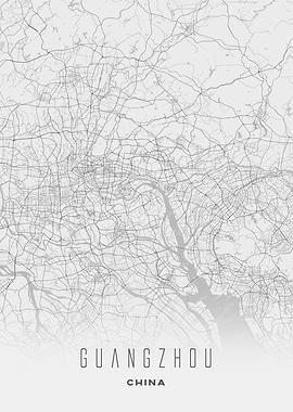 Guangzhou, China - Minimal White City Streets Map, Wall Art Print